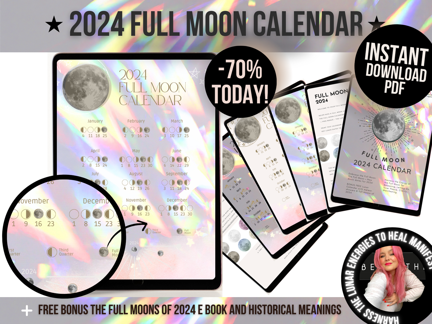 2024 Digital Full Moon Calendar Instant Download PDF - Angel Realm Colours