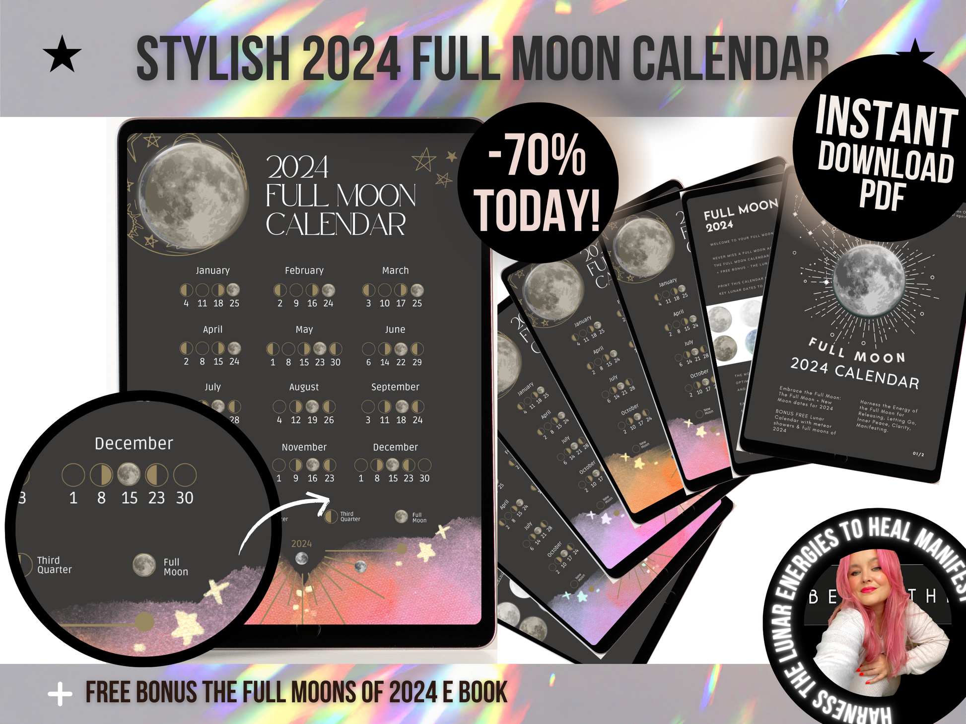 Black Gold and blush pink Full Moon Calendar 2024