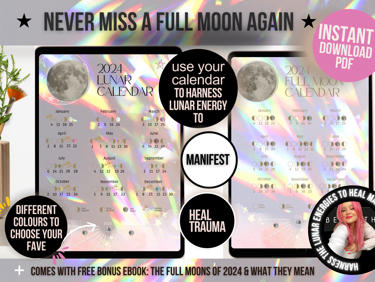 2024 Digital Full Moon Calendar Instant Download PDF - Angel Realm Colours