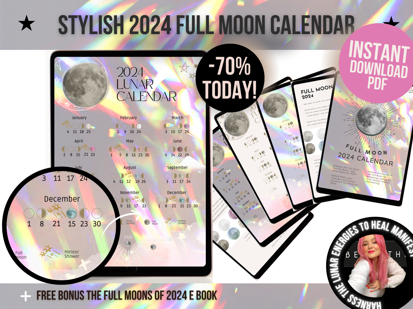 2024 Digital Full Moon Calendar Instant Download PDF - Angel Realm Colours