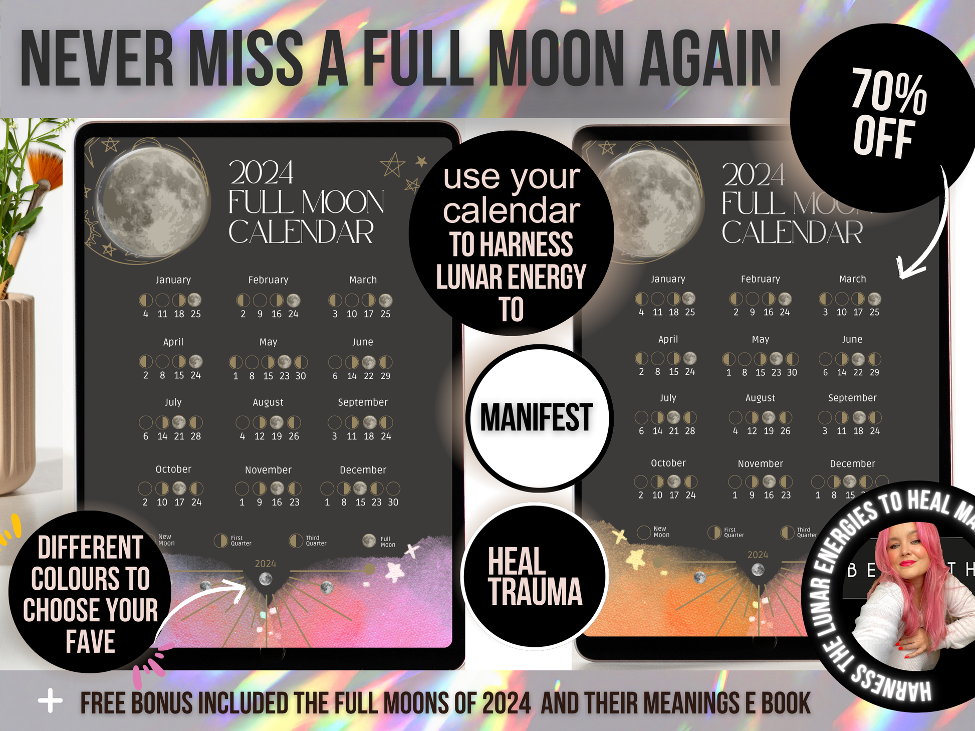 Instant Download Black and Pink Full Moon Calendar 2024