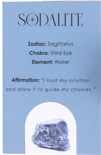 🔮 Sodalite:&nbsp;Find your voice + speak your truth with sodalite! This gem enhances communication and intuition, allowing you to express yourself freely. A crystal that's perfect for third eye balancing and connection. The affirmation for the Sodalite crystal is: "I trust my intuition and allow it to guide my choices"