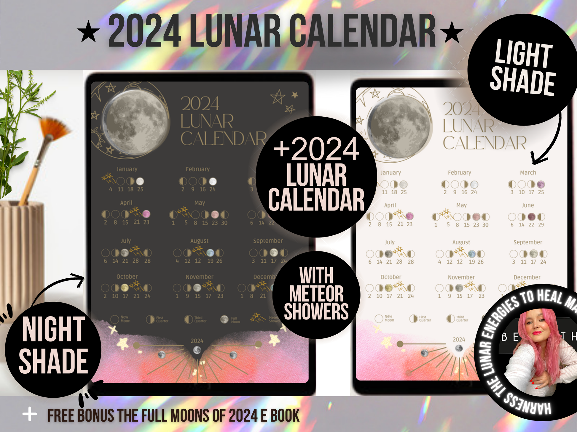 Black gold and blush pink lunar calander 2024 wall calendar with full moons, new moon, meteor showers