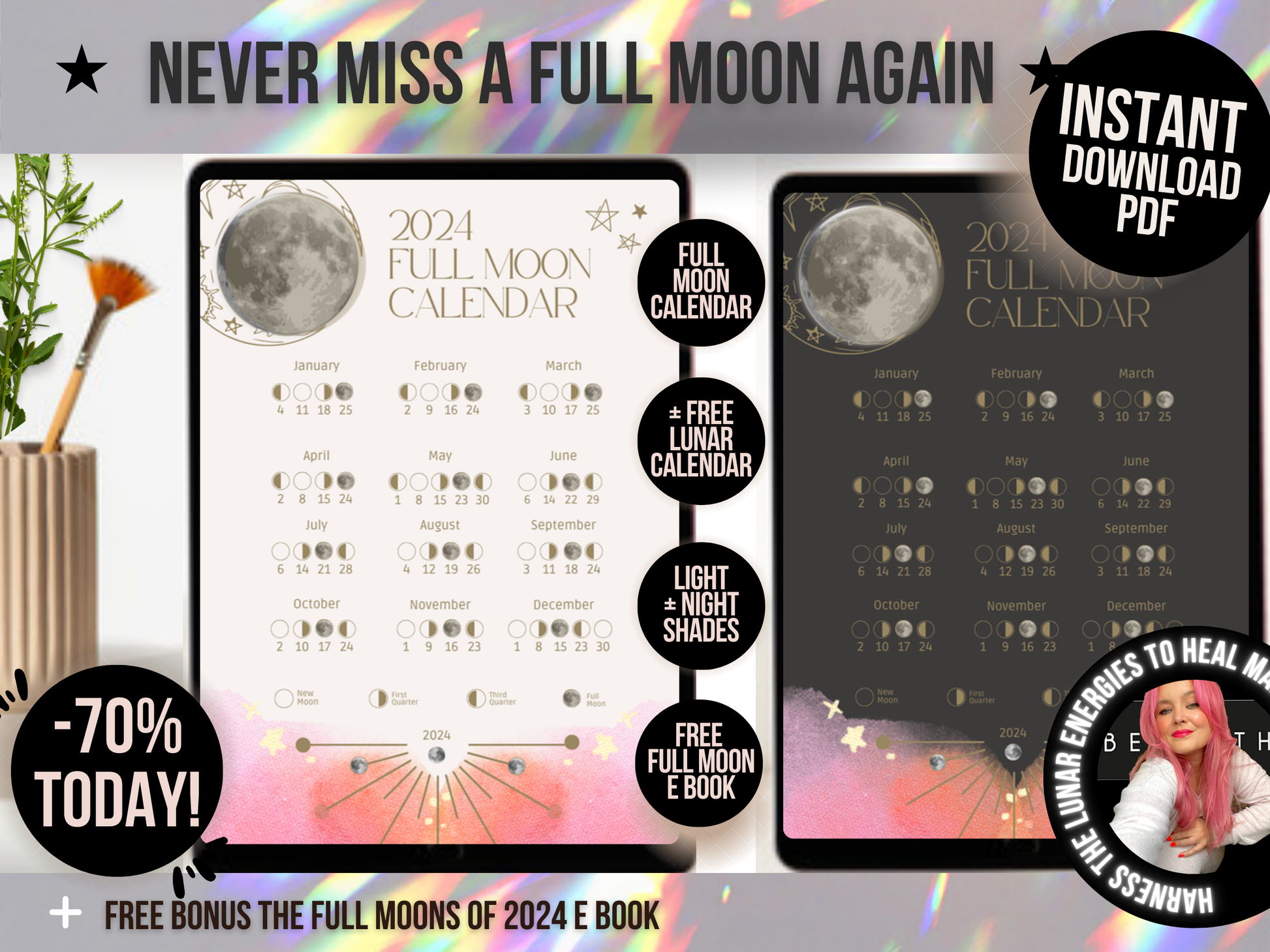 Nude blush gold Full Moon Calendar Instant Print