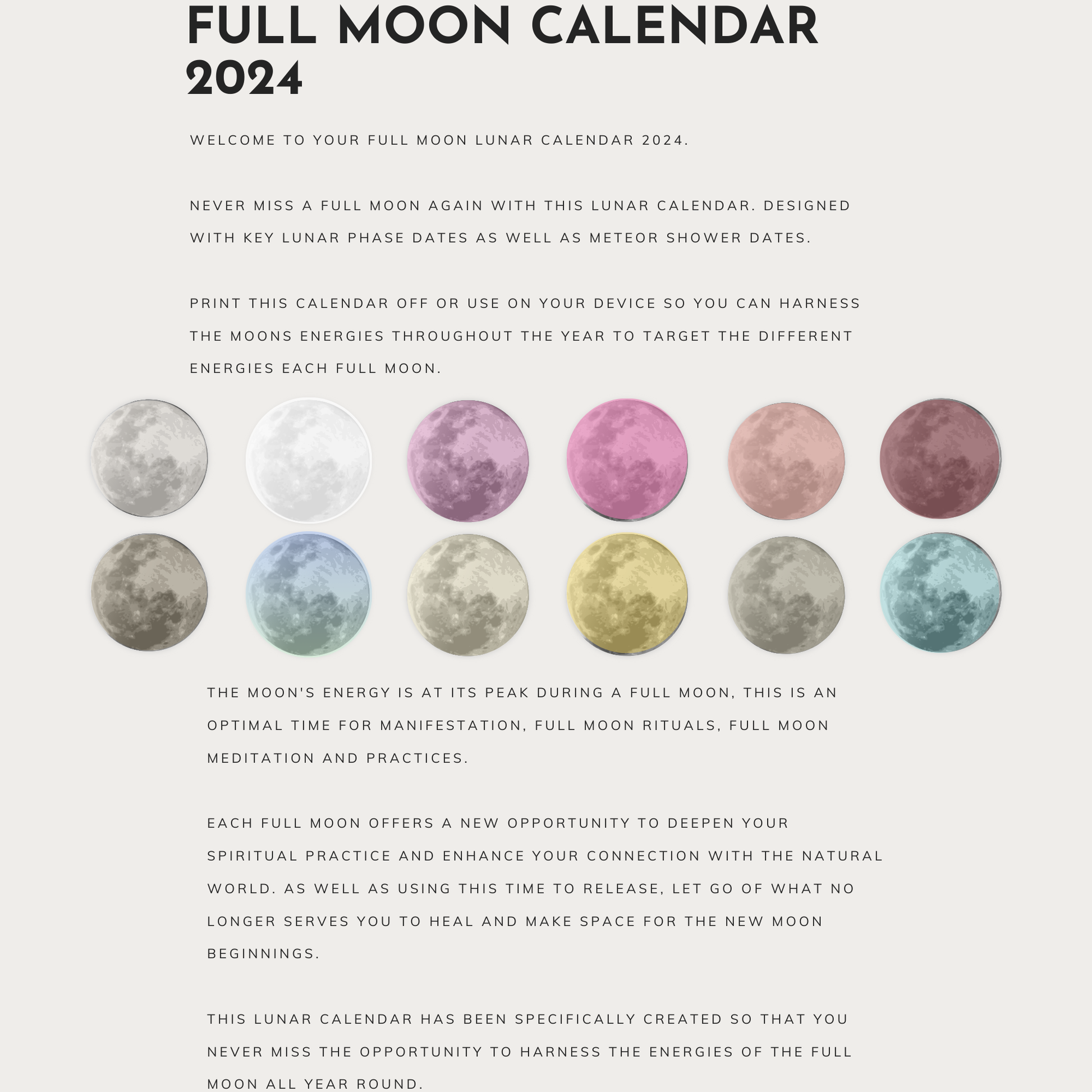 2024 Full Moons of 2024 Lunar Calendar Instant Download