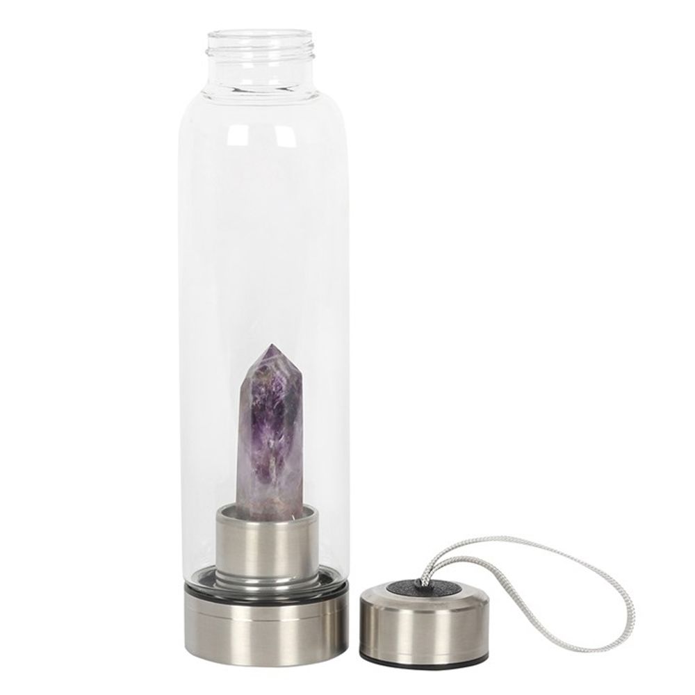 Glass water bottle with amethyst prism crystal, lid with strap and cover