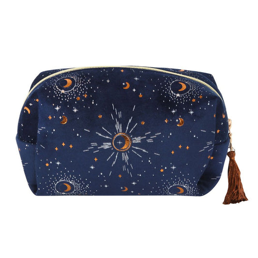 Bolsa de maquillaje con borlas y luna creciente azul