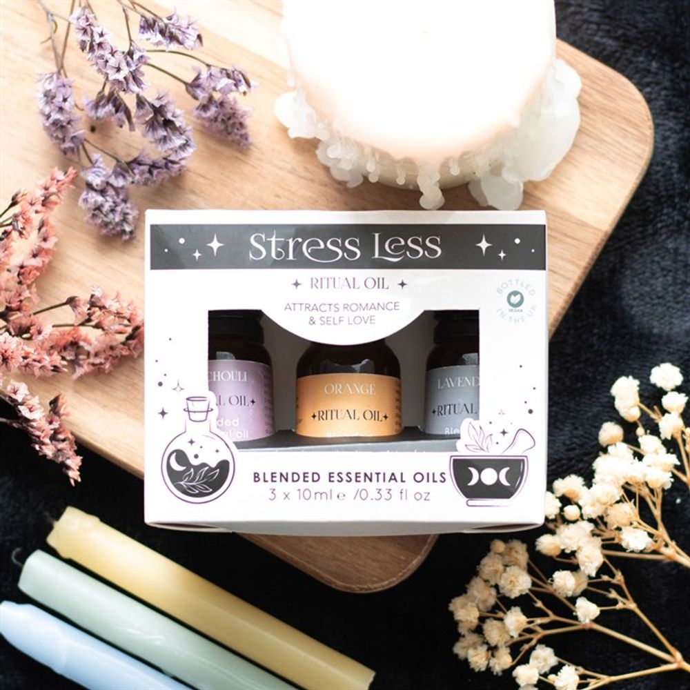 Set mit 3 gemischten ätherischen Ölen für das Stress Less Ritual