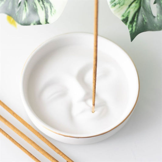 Ceramic White and Gold Moon Face Incense Stick Holder