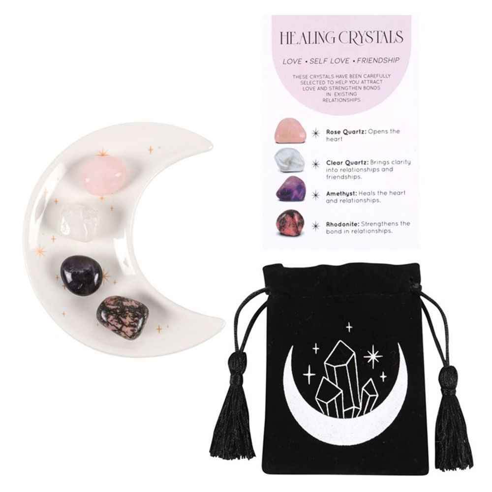 Looking for a boost in confidence and more love in your life? Look no further! Our Love Healing Crystal Set with Moon Trinket Dish has you covered.