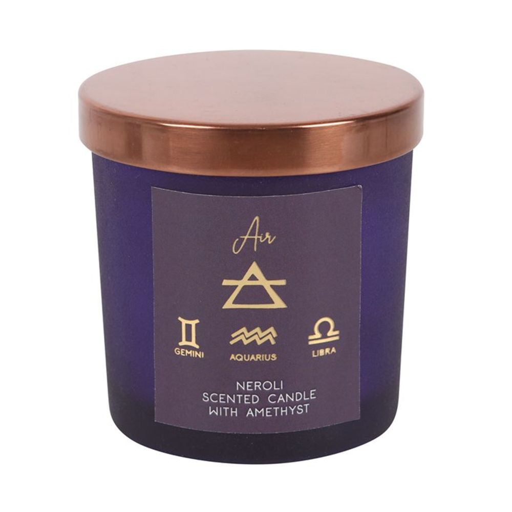 Gemini, Libra, or Aquarius star sign candle in purple with amethyst crystals