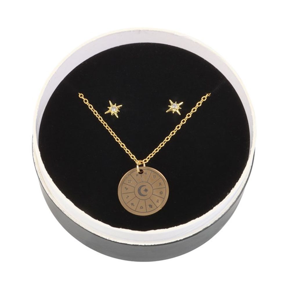 Juego de aretes y collar con rueda de astrología