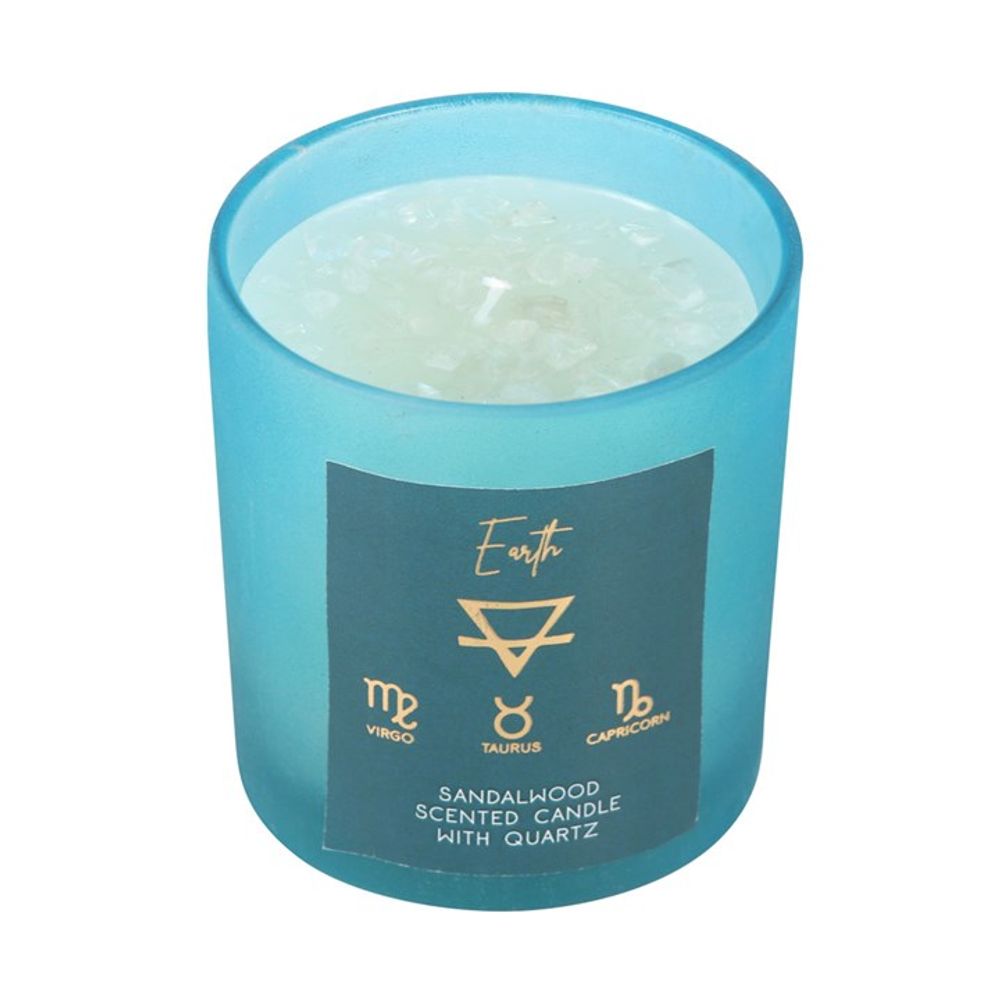 This scented candle represents the triad of earth signs: Taurus, Virgo, and Capricorn, with a lid and a delightful sandalwood aroma.