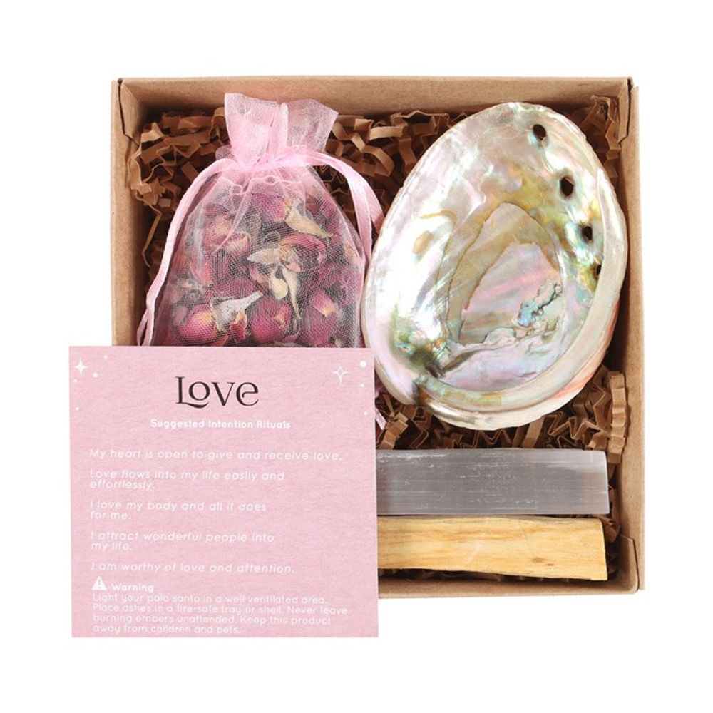 self-love ritual kit for the full moon with love affirmations, rose buds, shell, selenite and palo santo in gift box