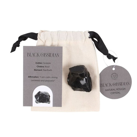 Black Obsidian Healing Crystal in pouch with affirmation card