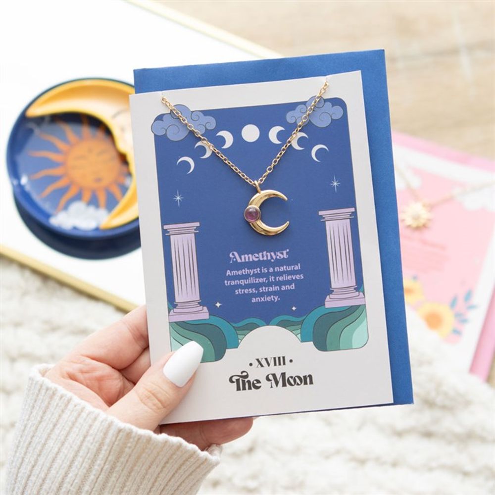 The Moon Necklace - dainty gold tone lunar moon pendant with card