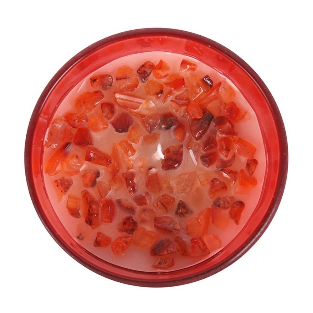 Realign the Root chakra with this stunning Strawberry fragranced candle with red fire agate crystals