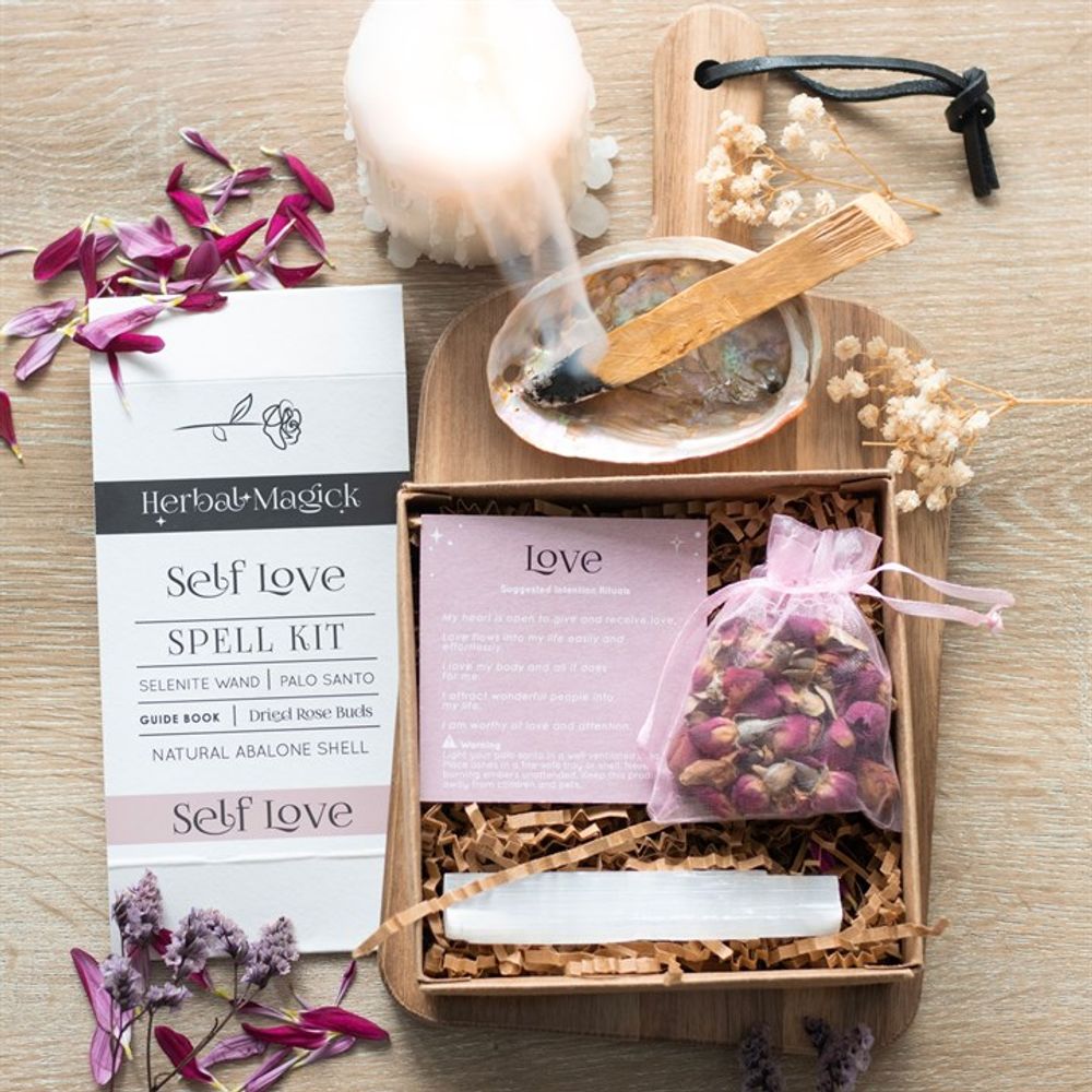 Full Moon Self Love Gift Idea - spell kit to promote self love with shell, selenite wand, rose buds, palo santo stick