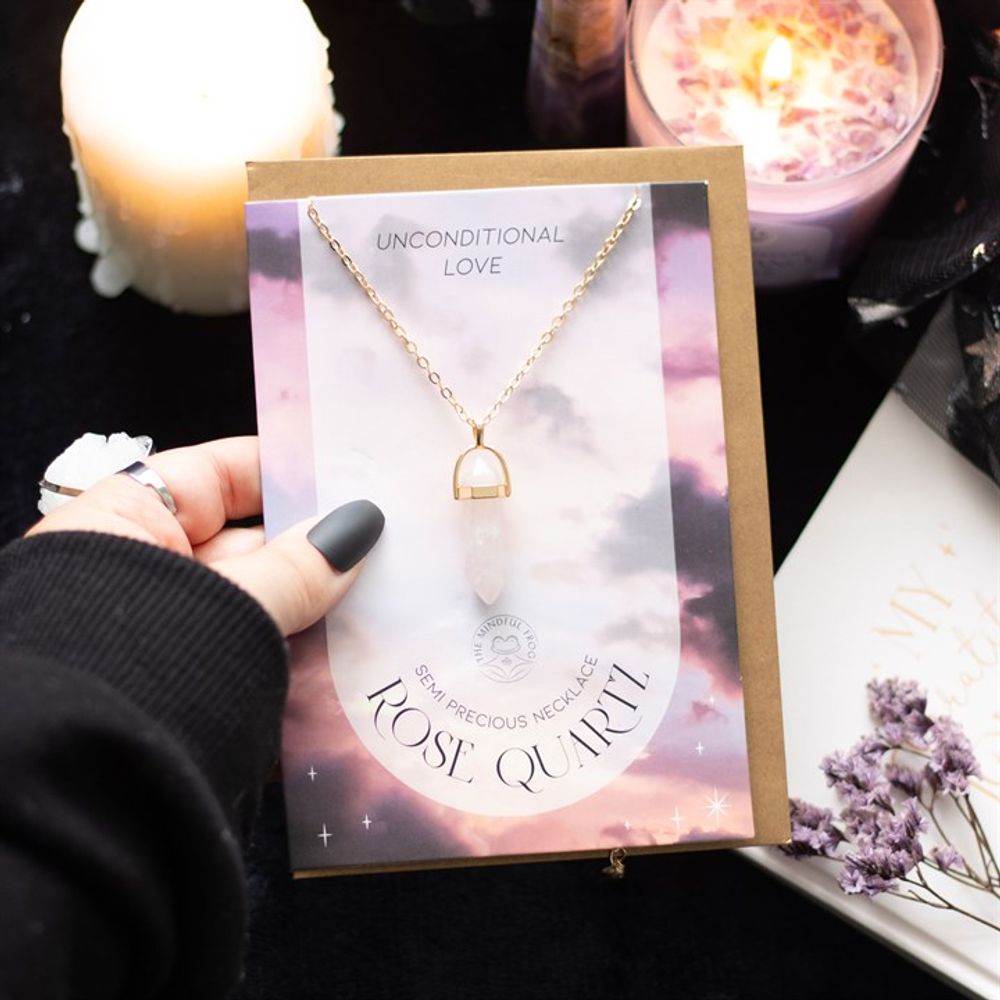 Love + Positivity Card with Rose Quartz Crystal Necklace Gift